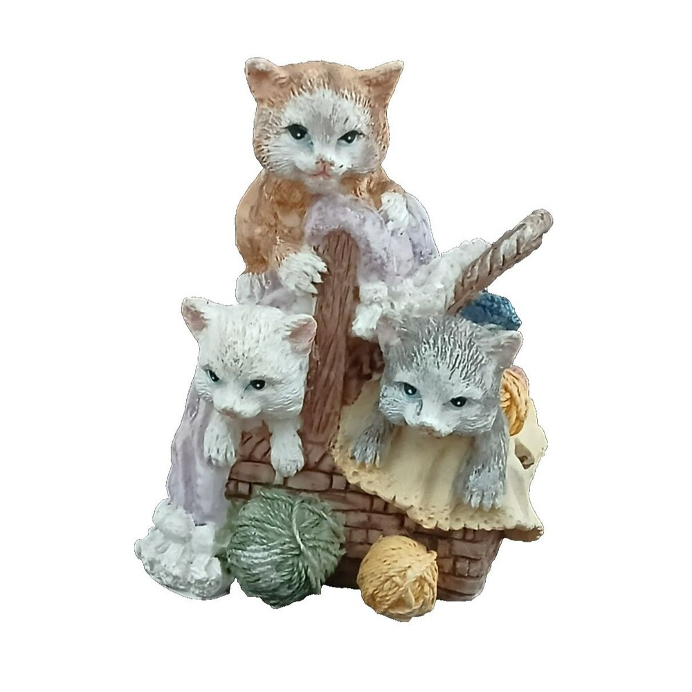 K's Collection Kittens in Basket Playing with Yarn Figurine Cute Fun Resin